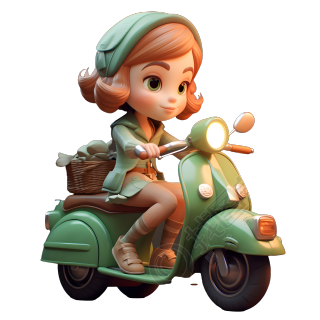 骑绿色摩托车的卡哇伊动画女孩