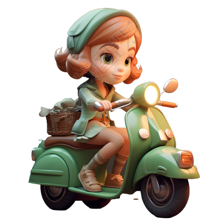 骑绿色摩托车的卡哇伊动画女孩