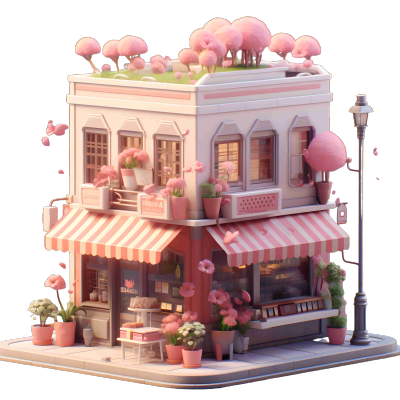 可爱建筑与粉色花朵的3D模型素材
