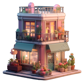 可商用的可爱风城市花店3D模型素材