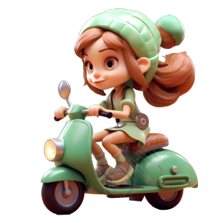 绿色摩托车上的可爱女孩插画