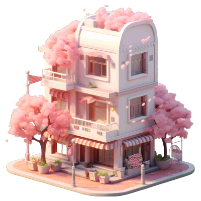 可爱风格建筑粉色樱花3D模型插画