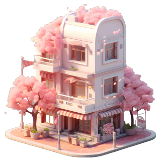 可爱风格建筑粉色樱花3D模型插画