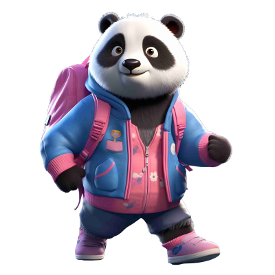 穿蓝粉色外套的熊猫背包商用插画