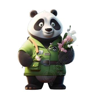 穿绿色制服手持花束的熊猫插画素材