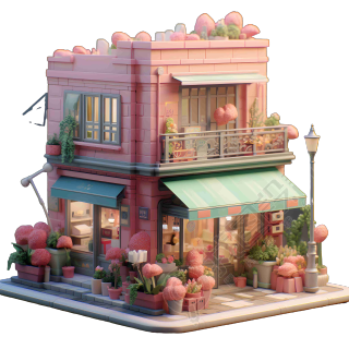 可爱城市粉色花店3D模型插图