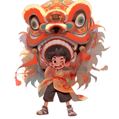 亚洲风格的舞狮艺术插画素材