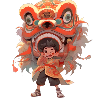 亚洲风格的舞狮艺术插画素材