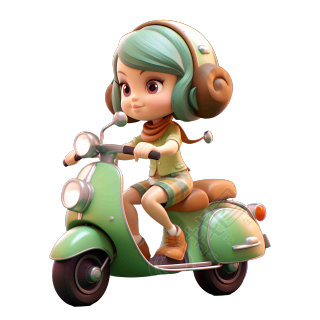 绿色摩托骑行的卡哇伊风格动画女孩素材