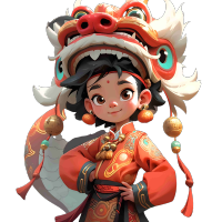 红白狮子与卡通形象的龙插画设计素材