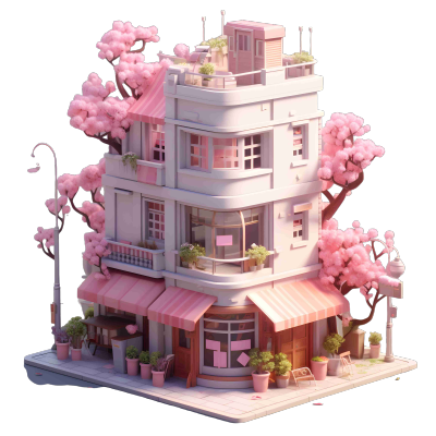 可爱风格建筑的粉色花朵和树木3D插画