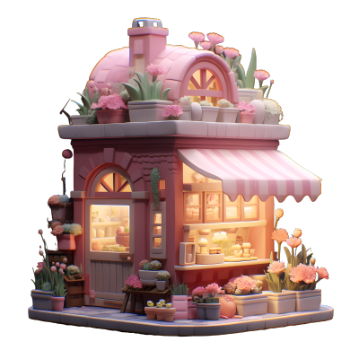 粉色木屋摆满鲜花3D立体素材