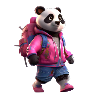 暗粉蓝色风格的动画熊猫背包行走素材