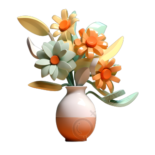花朵与叶子装满花瓶的3D渲染素材