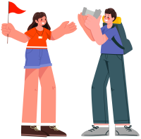 国庆出游拍照的男孩女孩插画PNG