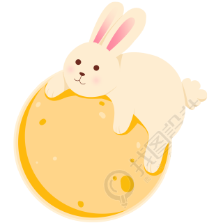 创意手绘圆月上趴着玉兔插画元素