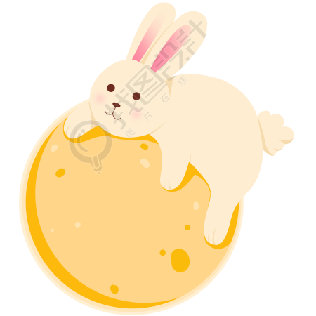 创意手绘圆月上趴着玉兔插画元素