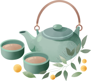 油青色茶壶茶杯商用插画设计元素