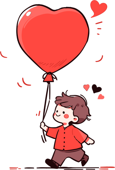 粗线条绘画可爱小男孩手持红心气球插画