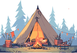雪松背景的野营帐篷插图