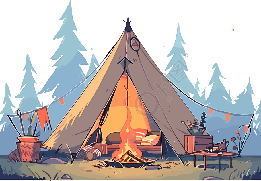 雪松背景的野营帐篷插图