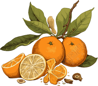 白褐色金色时代插画风格橙子及橙皮叶子图案