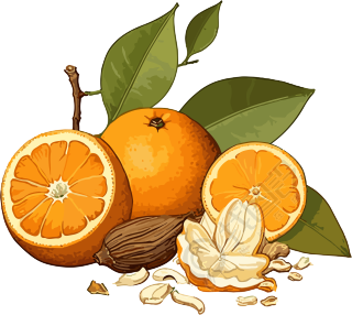 插画风格的橙子、橙皮和叶子绘画