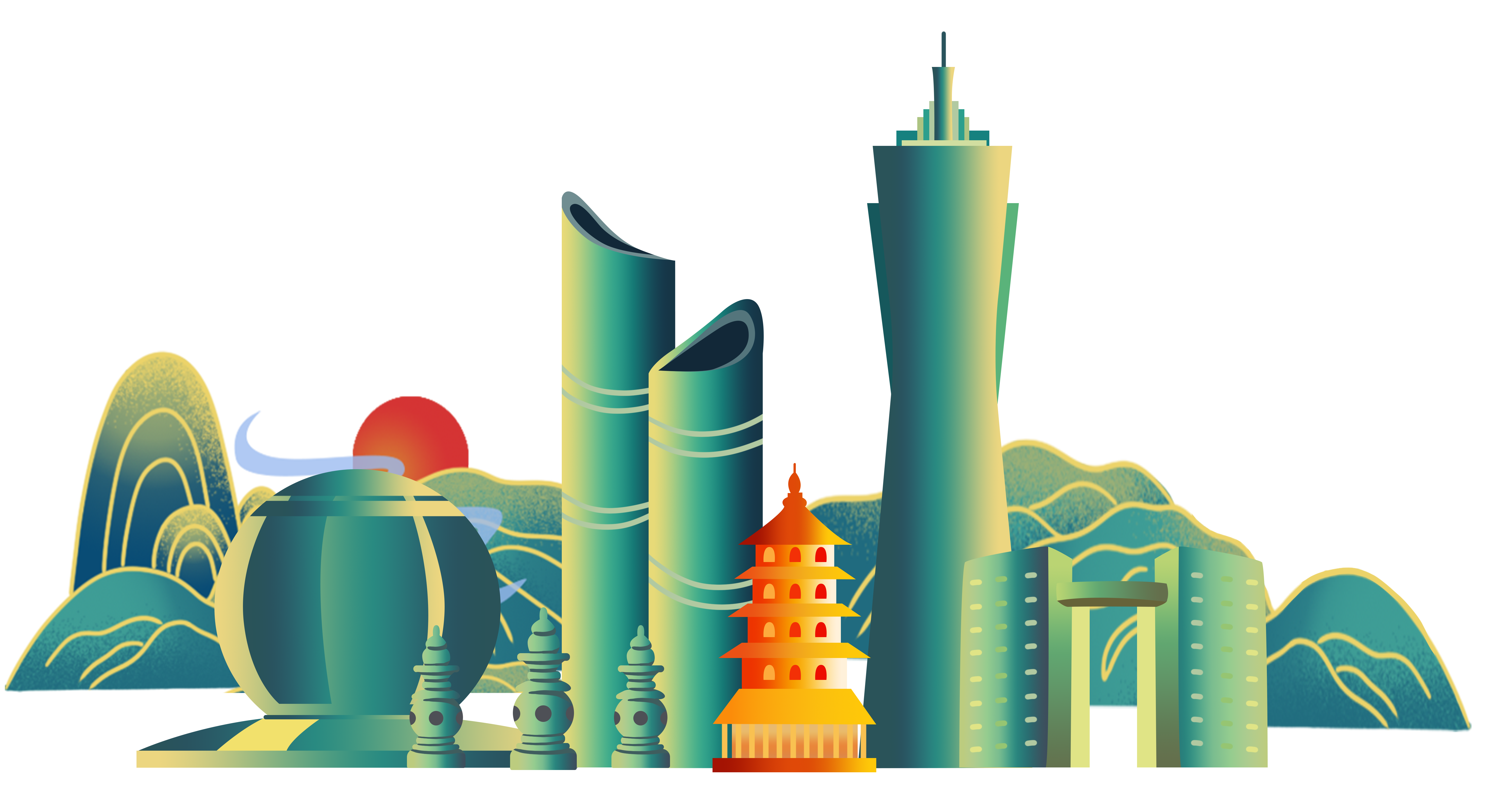 国潮风杭州城市建筑PNG插画