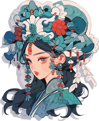 暗红天蓝色风格的中式女孩饰品和头饰PNG图形素材