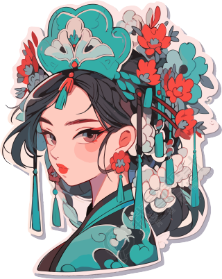 暗红天蓝色风格的华裔女孩装饰和头饰PNG图形素材