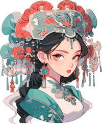 红蓝色华丽头饰装饰的中国女孩PNG插画素材