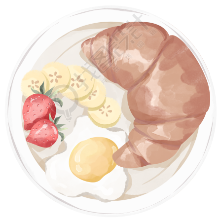 营养美味的早餐牛角包煎蛋手绘插画
