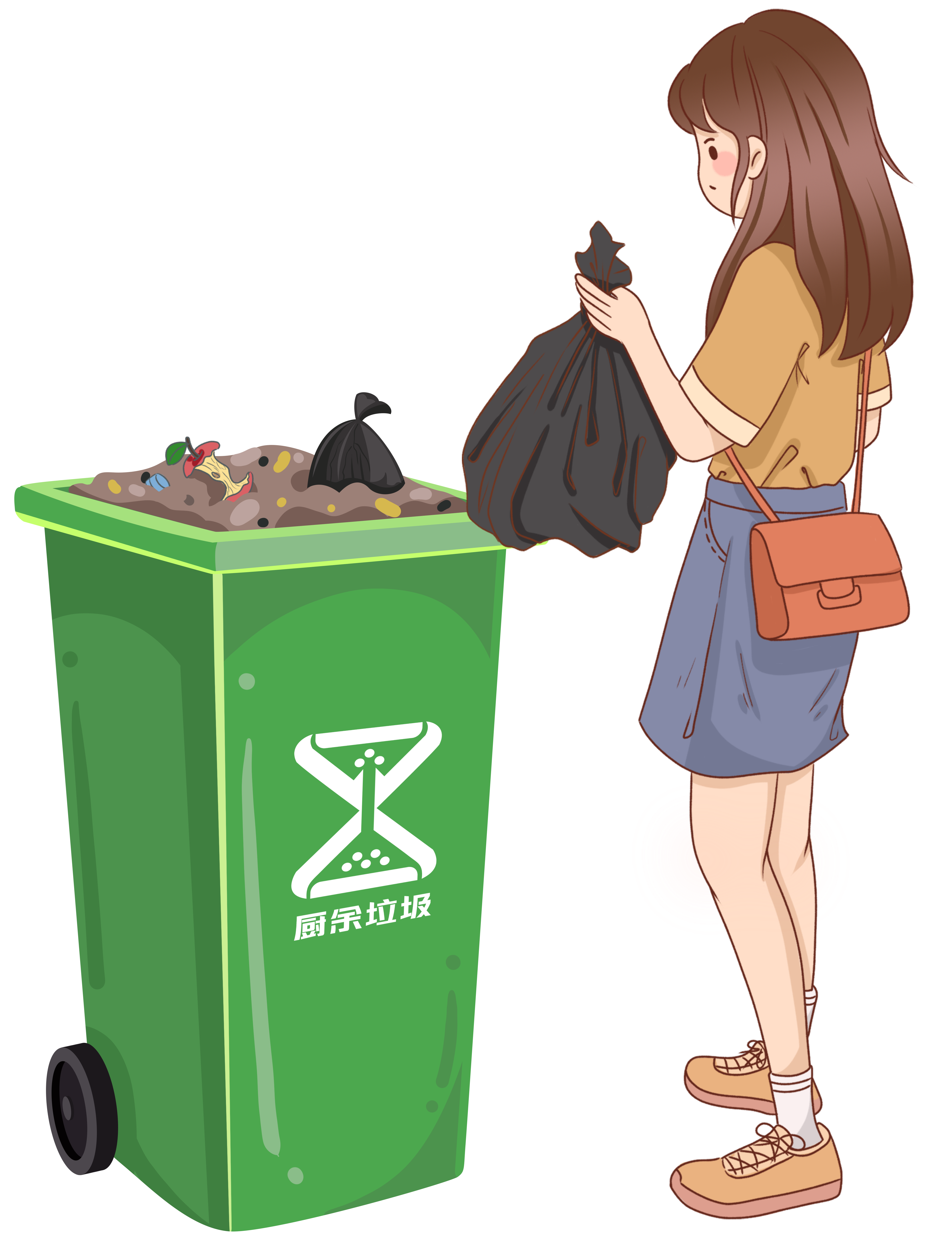 手绘卡通女孩手拿垃圾放到垃圾桶插画