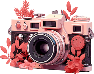 粉红叶子复古红相机插画