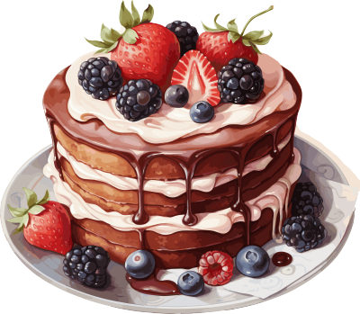 水彩巧克力蛋糕摆满莓果插画素材
