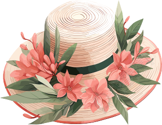 粉色花朵绿色叶子装饰的帽子插画设计