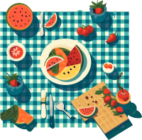 夏日野餐毯上美食冰凉西瓜插画