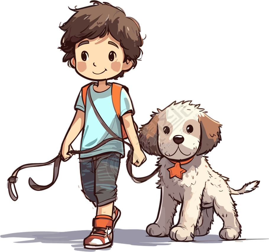 透明背景卡通男孩带领狗玩耍素材