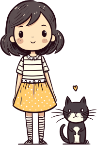 可爱女孩条纹上衣和猫咪插画