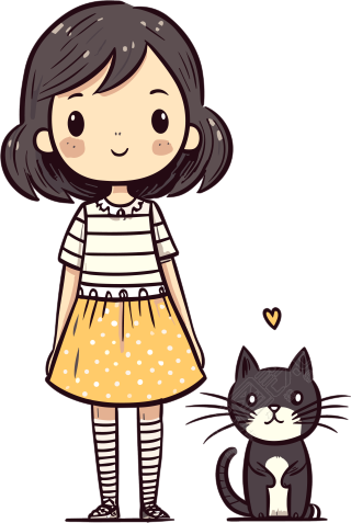可爱女孩条纹上衣和猫咪插画