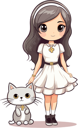 穿着白色裙子卡通女孩和灰色小猫插画