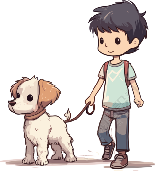 可爱男孩带领着狗狗散步插画