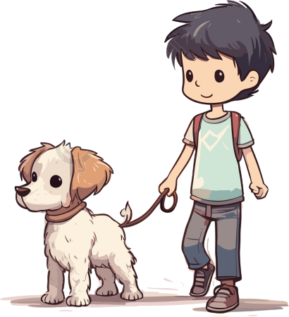 可爱男孩带领着狗狗散步插画