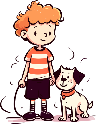 橙色卷发男孩领狗散步素材