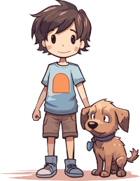 线描男孩牵着狗狗PNG插画
