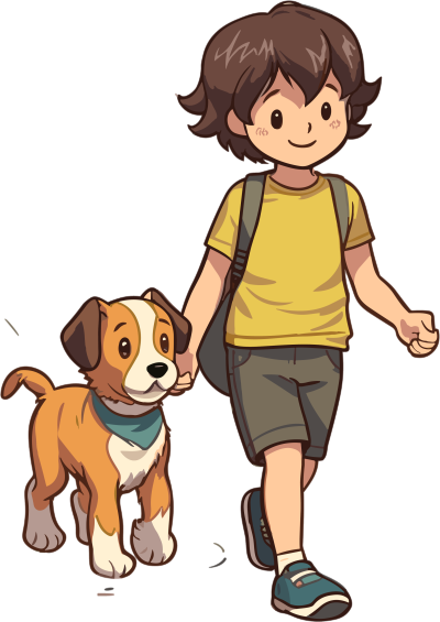 可爱卡通男孩领着狗PNG素材