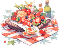 透明背景户外野餐毯上的美食插画