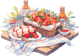 竹编篮子里的美味草莓户外野餐插画