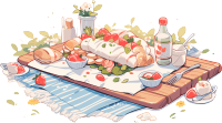摆满美食的户外野垫高清插画素材