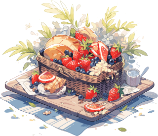 摆满面包和水果的野餐垫图形设计素材
